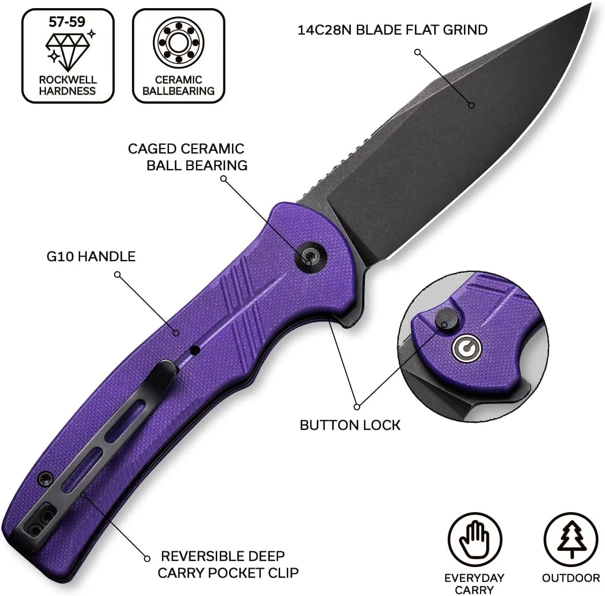 CIVIVI Cogent Button Lock Flipper Pocket Knife, 14C28N Blade G10 Handle, Good for Outdoor EDC Camping C20038D-2 (Purple)