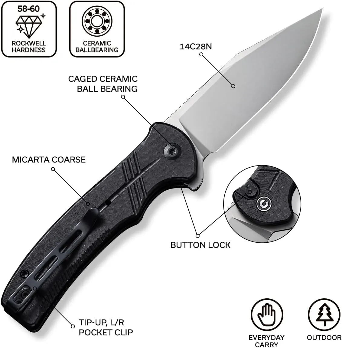 CIVIVI Folding Pocket Knife, Button Lock Flipper Cogent Knife 14C28N Blade Black Micarta Handle for Outdoor EDC Camping C20038D-7