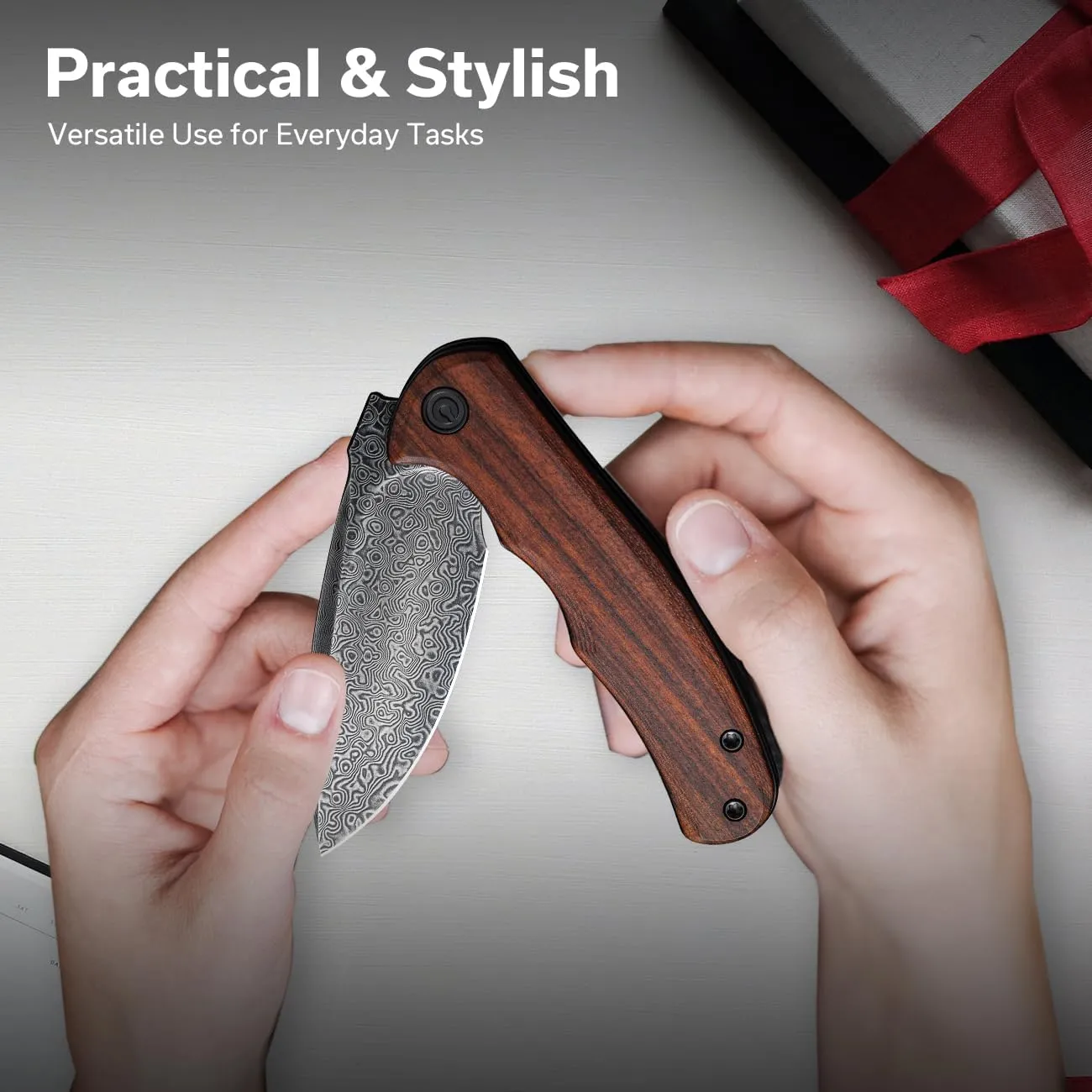 CIVIVI Folding Pocket Knife for EDC, Small Mini Praxis Knife for Men Women, 2.98" Damascus Blade Guibourtia Wood Handle, Sharp Camping Hiking Knives C18026C-DS1