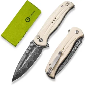 CIVIVI Incindie Pocket Knife for Men, Folding Knife with 3.48" Damascus Blade Milled G10 Handle for EDC C23053-DS1 (Ivory)