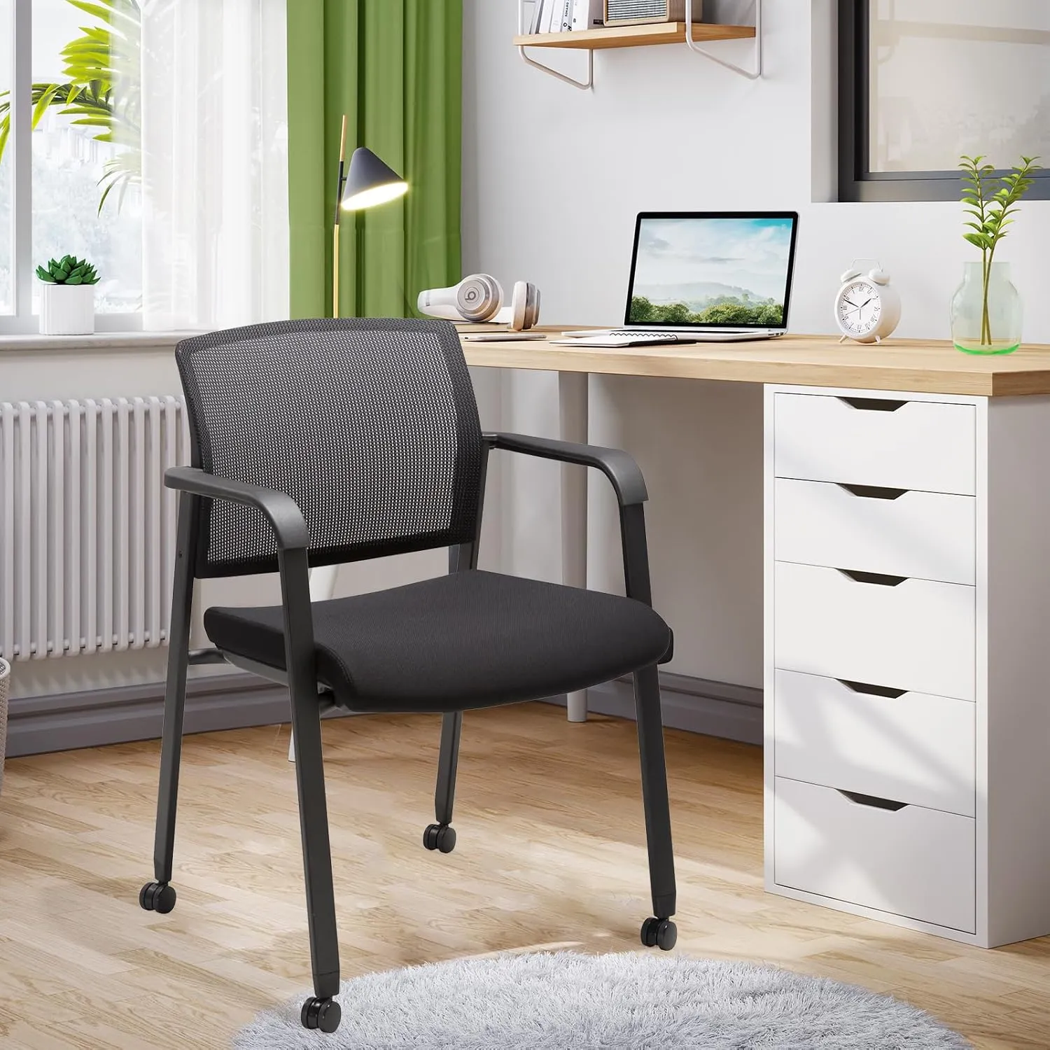 CLATINA Mesh Back Guest Reception Arm Chairs with Wheels, Waiting Room Chairs with Upholstered Fabric Seat and Ergonomic Lumbar Support for Office