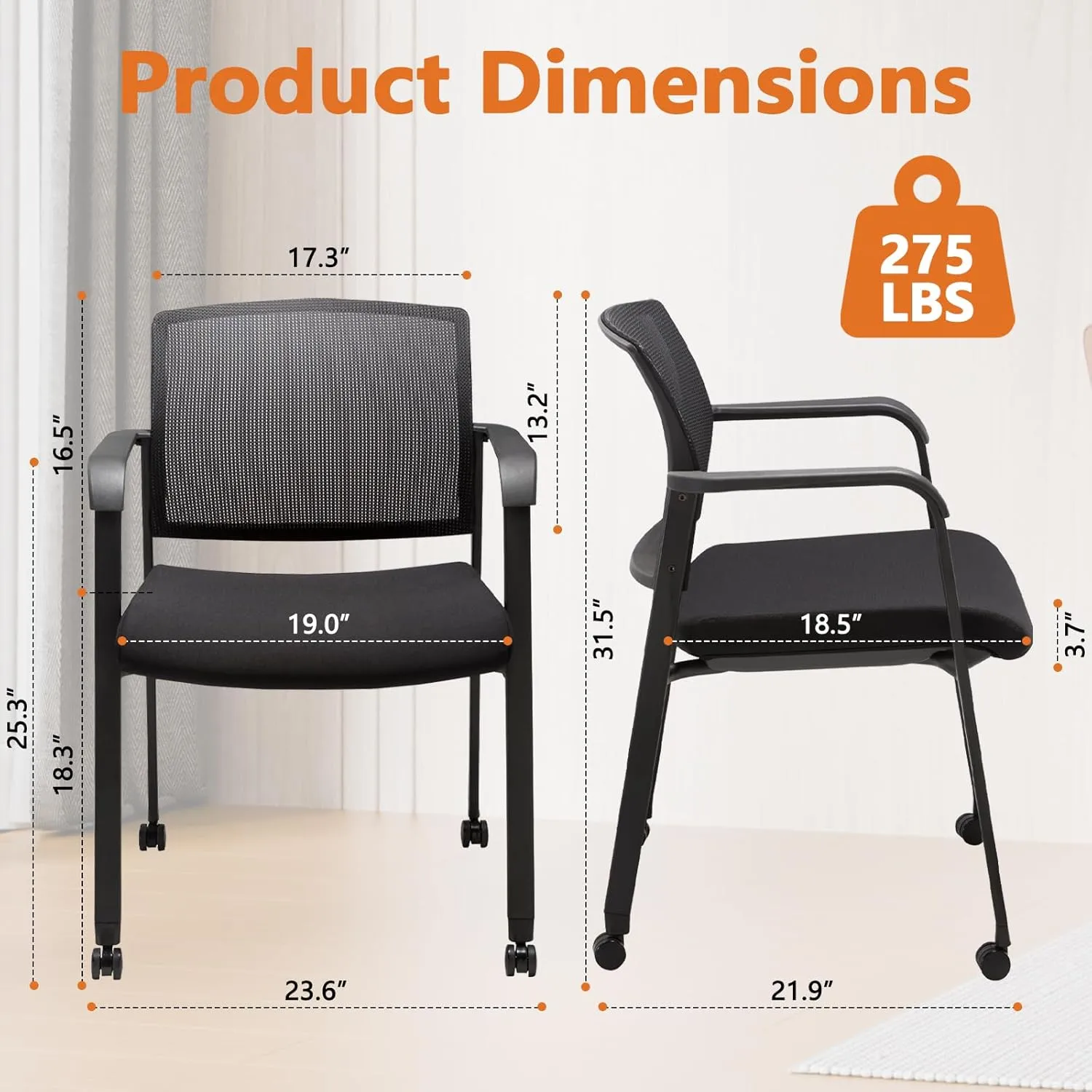 CLATINA Mesh Back Guest Reception Arm Chairs with Wheels, Waiting Room Chairs with Upholstered Fabric Seat and Ergonomic Lumbar Support for Office
