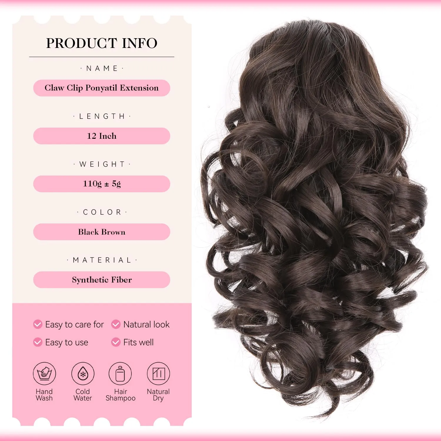 Claw Clip Ponytail Extension - 12 Inch Curly Ponytail Extension, Wavy Pony Tails Hair Extensions, Synthetic Hair Extensions Ponytail, Clip On Ponytails for Women (Color: Black Brown)