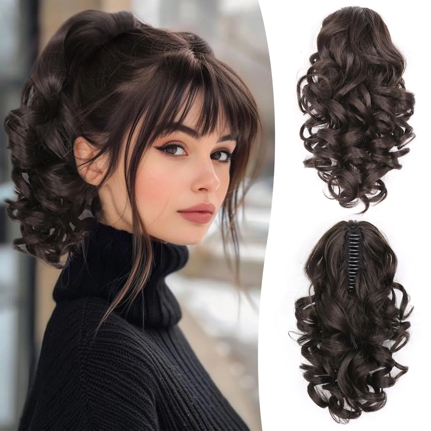 Claw Clip Ponytail Extension - 12 Inch Curly Ponytail Extension, Wavy Pony Tails Hair Extensions, Synthetic Hair Extensions Ponytail, Clip On Ponytails for Women (Color: Black Brown)