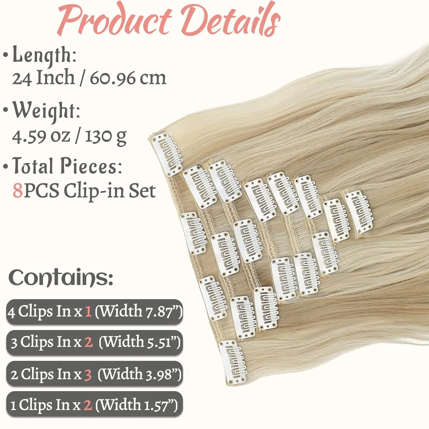 Clip in Hair Extensions 24 Inch 8PCS Ash blonde mix Bleach Blonde Long Wavy Synthetic Hair Extensions Clip ins Thick Double Weft Hair Clip Extensions for Women