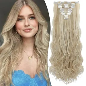 Clip in Hair Extensions 24 Inch 8PCS Ash blonde mix Bleach Blonde Long Wavy Synthetic Hair Extensions Clip ins Thick Double Weft Hair Clip Extensions for Women