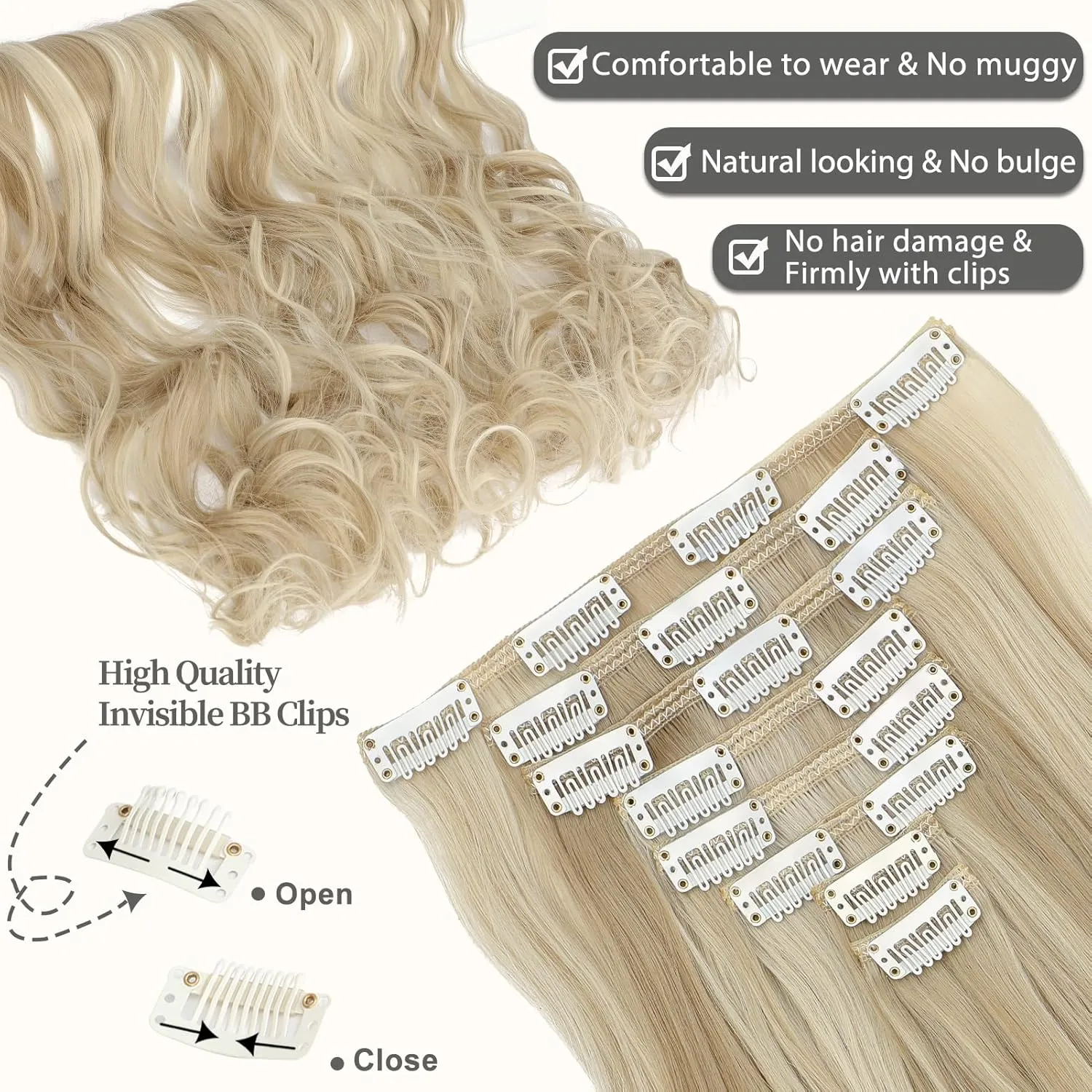 Clip in Hair Extensions 24 Inch 8PCS Ash blonde mix Bleach Blonde Long Wavy Synthetic Hair Extensions Clip ins Thick Double Weft Hair Clip Extensions for Women