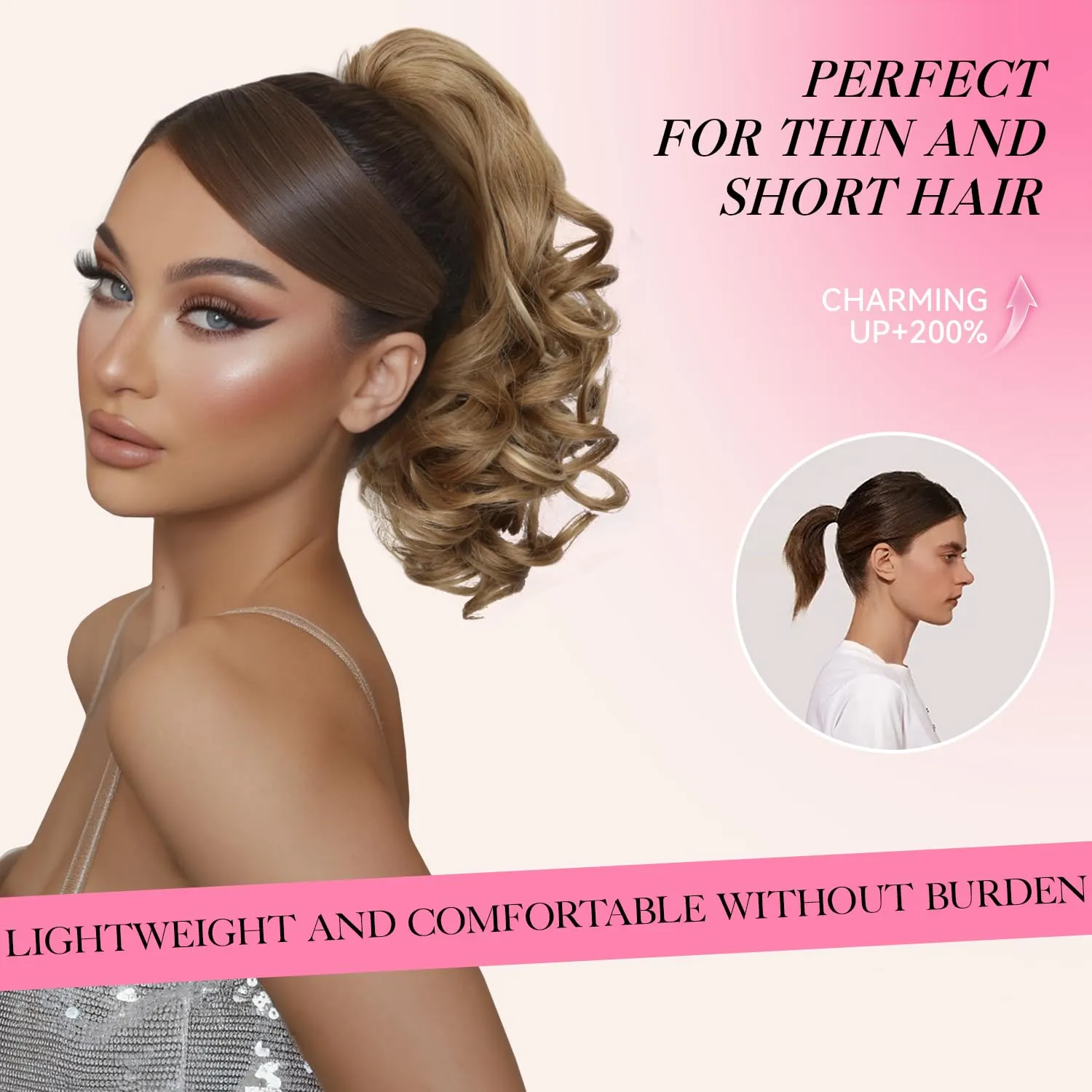 Clip on Ponytails for Women - 12 Inch Curly Ponytail Extension, Wavy Pony Tails Hair Extensions, Synthetic Hair Extensions Ponytail, Clip in Ponytail (Color: Chestnut Brown With Golden Highlights)