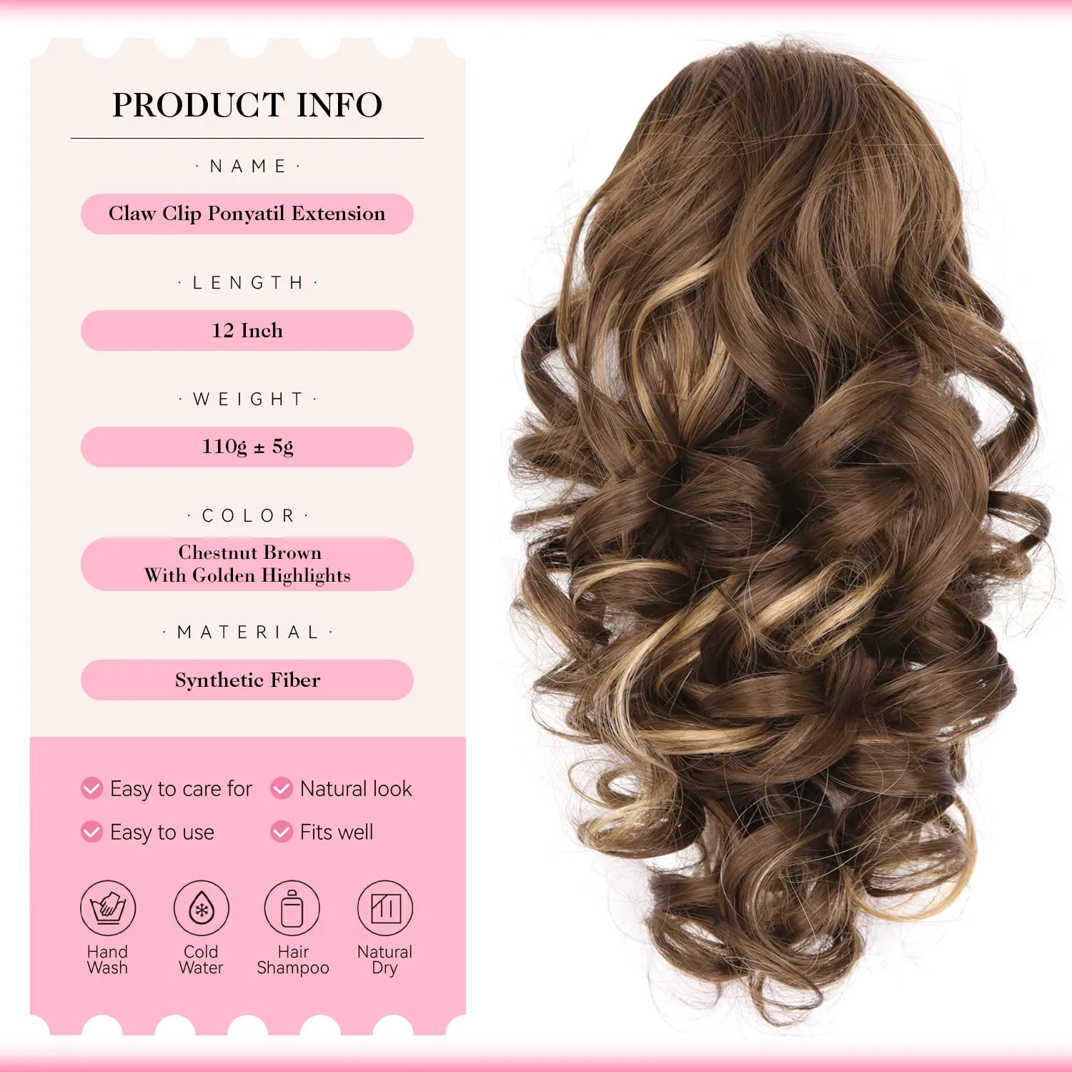 Clip on Ponytails for Women - 12 Inch Curly Ponytail Extension, Wavy Pony Tails Hair Extensions, Synthetic Hair Extensions Ponytail, Clip in Ponytail (Color: Chestnut Brown With Golden Highlights)