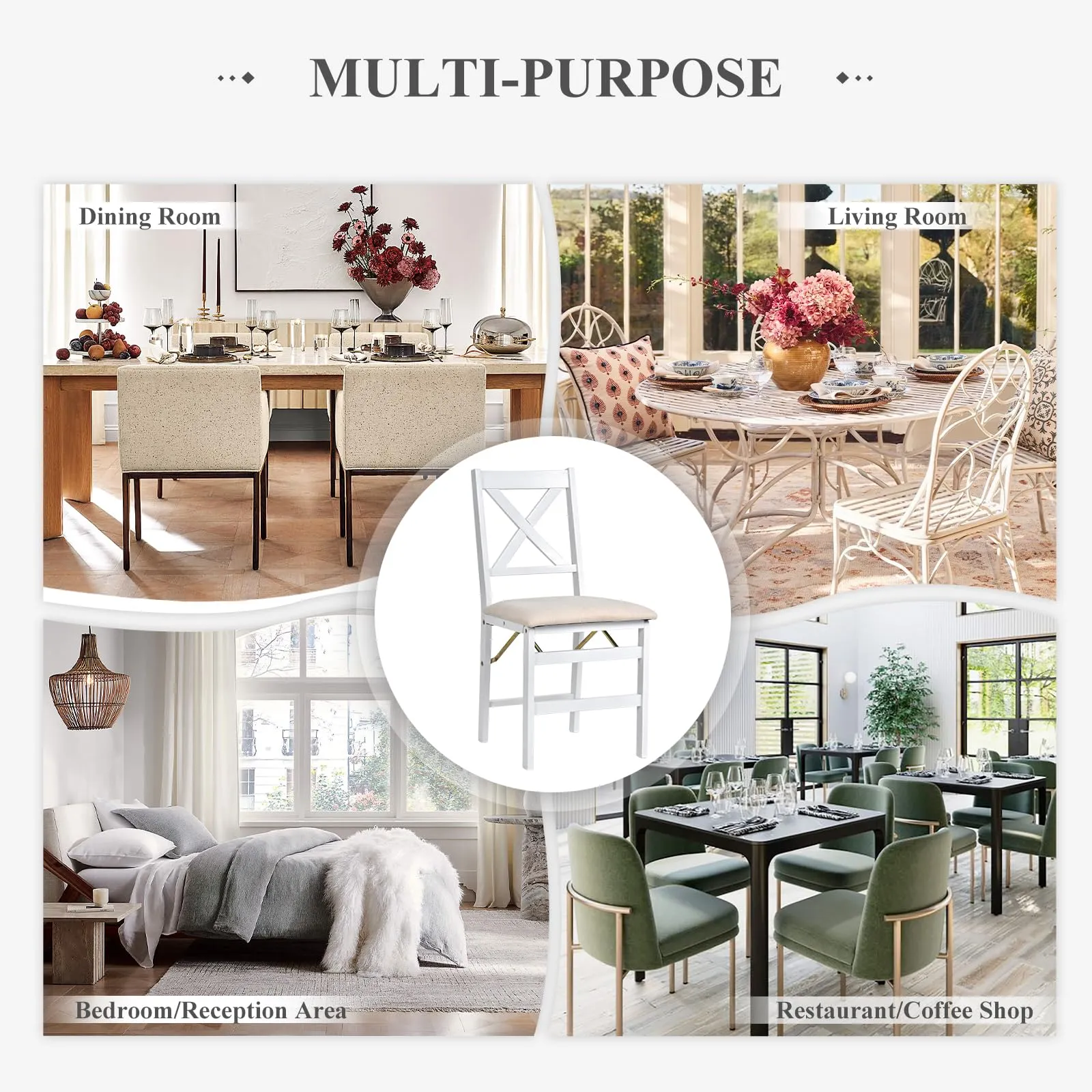 COLAMY Folding Dining Chairs Set of 6, Foldable Chairs with Padded Seats, Wood Folding Dining Room Chairs for Dinner, Kitchen, Party, Camping, White