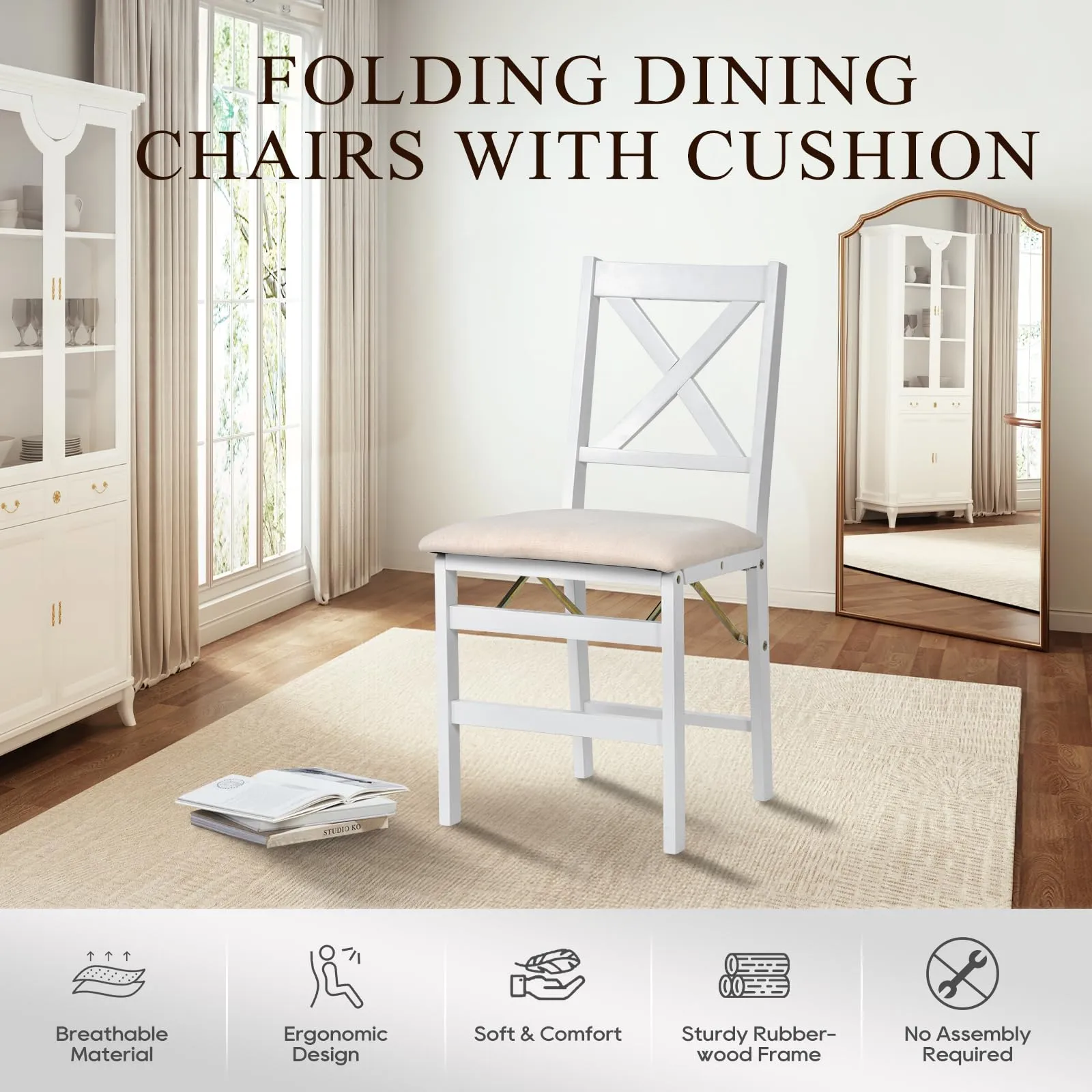 COLAMY Folding Dining Chairs Set of 6, Foldable Chairs with Padded Seats, Wood Folding Dining Room Chairs for Dinner, Kitchen, Party, Camping, White