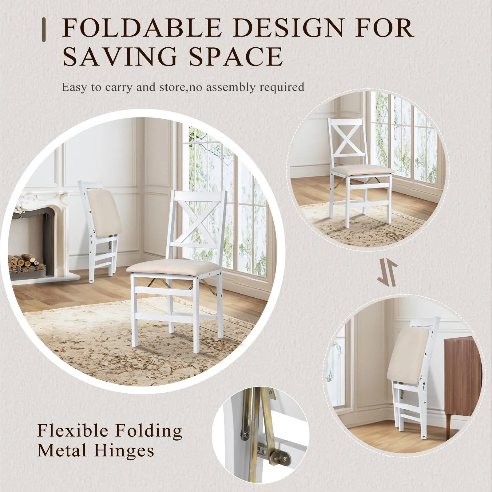 COLAMY Folding Dining Chairs Set of 6, Foldable Chairs with Padded Seats, Wood Folding Dining Room Chairs for Dinner, Kitchen, Party, Camping, White