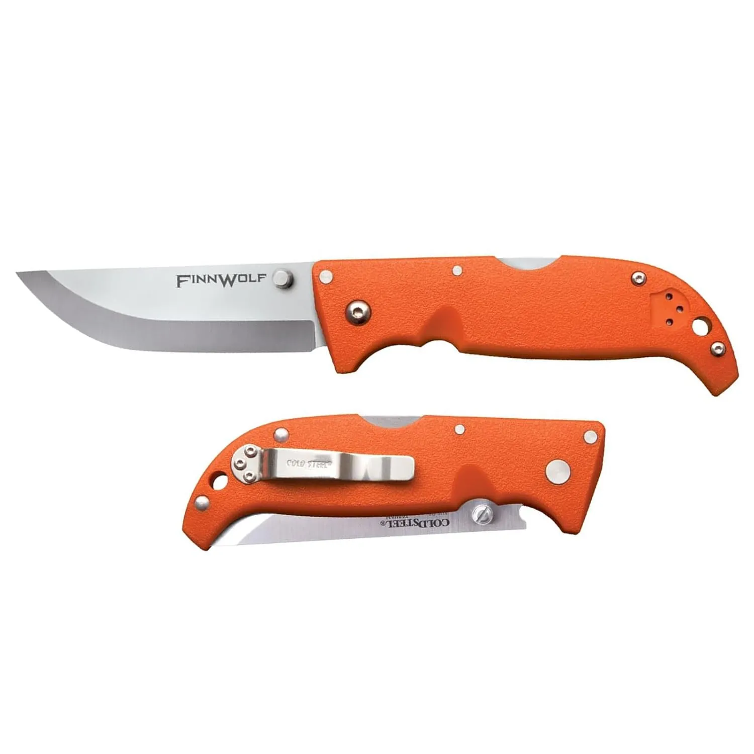 Cold Steel Finn Wolf 3.5in AUS8A Razor-Sharp Straight Back Blade 4.375in Griv-Ex Blaze Orange Handle Hunting Folding Knife, Blister Pack