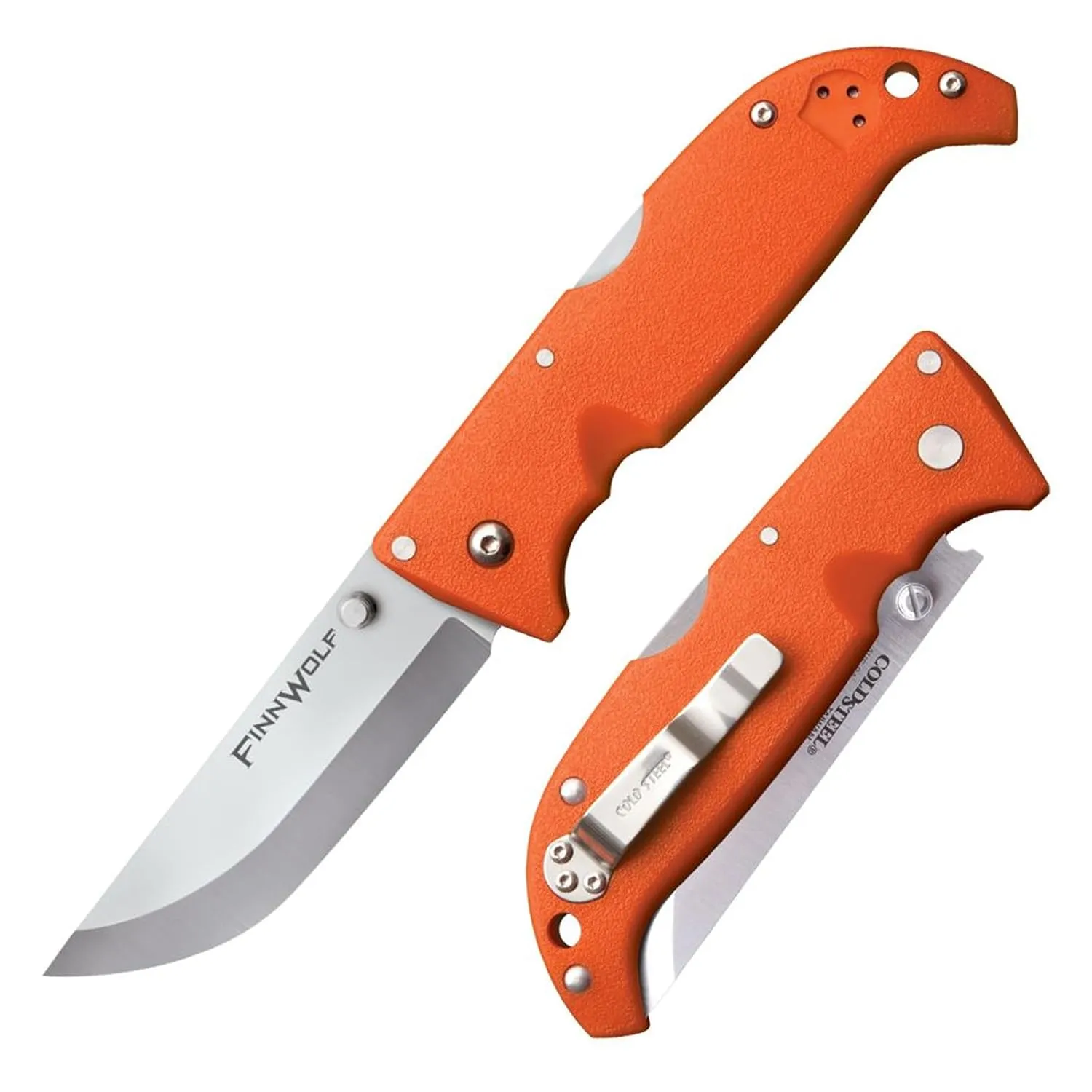 Cold Steel Finn Wolf 3.5in AUS8A Razor-Sharp Straight Back Blade 4.375in Griv-Ex Blaze Orange Handle Hunting Folding Knife, Blister Pack