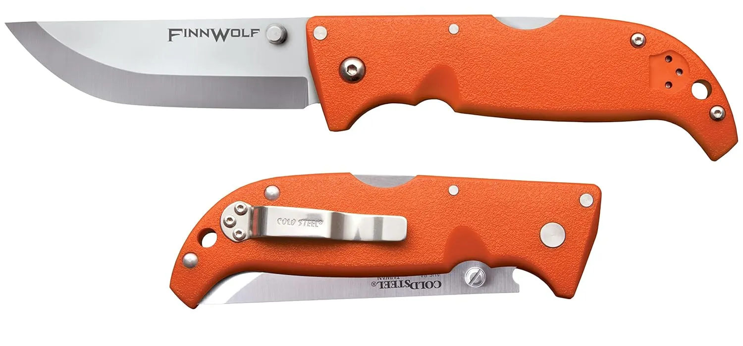 Cold Steel Finn Wolf 3.5in AUS8A Razor-Sharp Straight Back Blade 4.375in Griv-Ex Blaze Orange Handle Hunting Folding Knife, Blister Pack