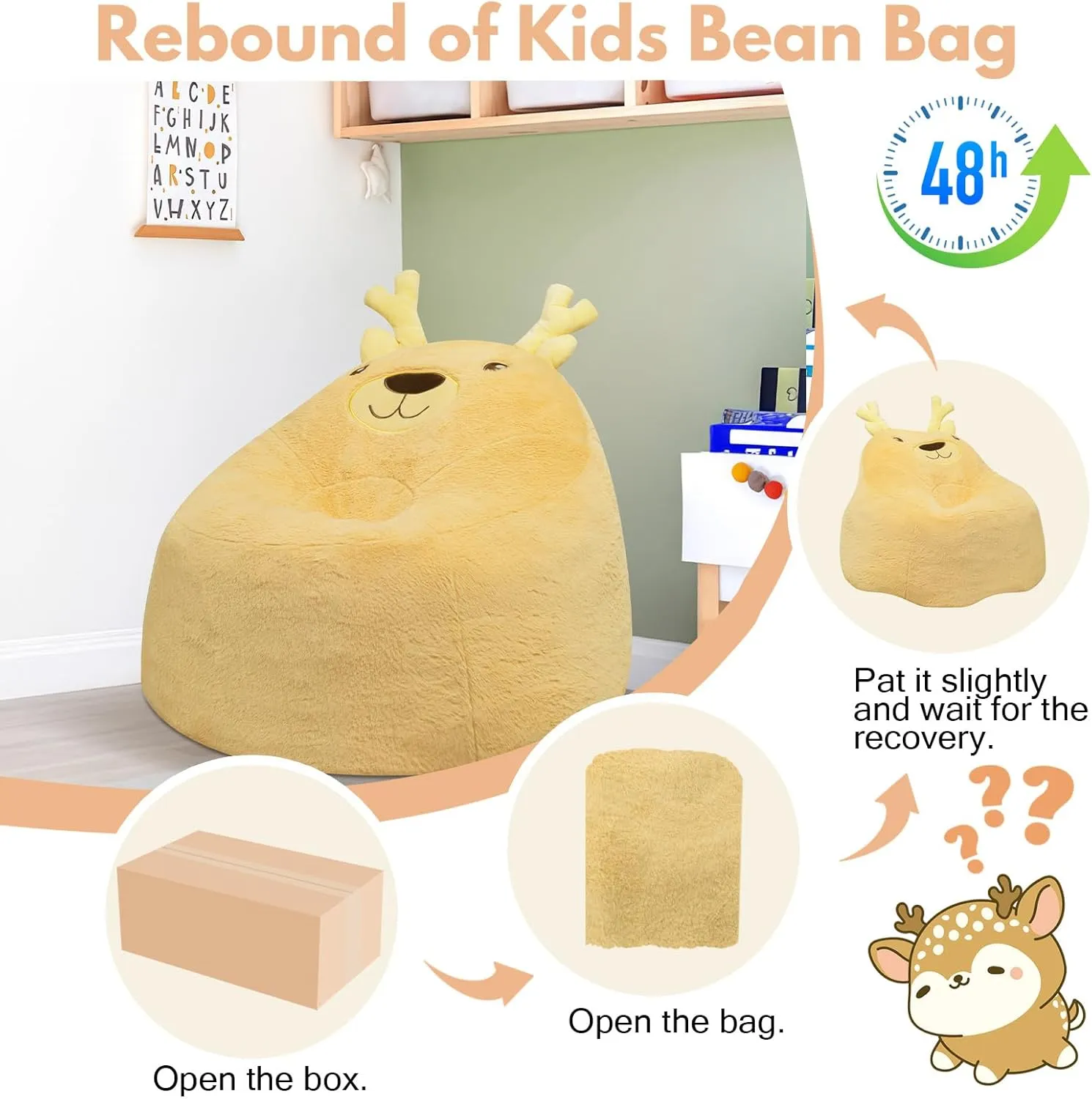 COMAX Bean Bag Chairs for Kids, Toddler BeanBag Sofa with Filler Bean Couch Stuffed for Boys and Girls, Lazy Floor Chair for Playroom, Nursery Room, Deer