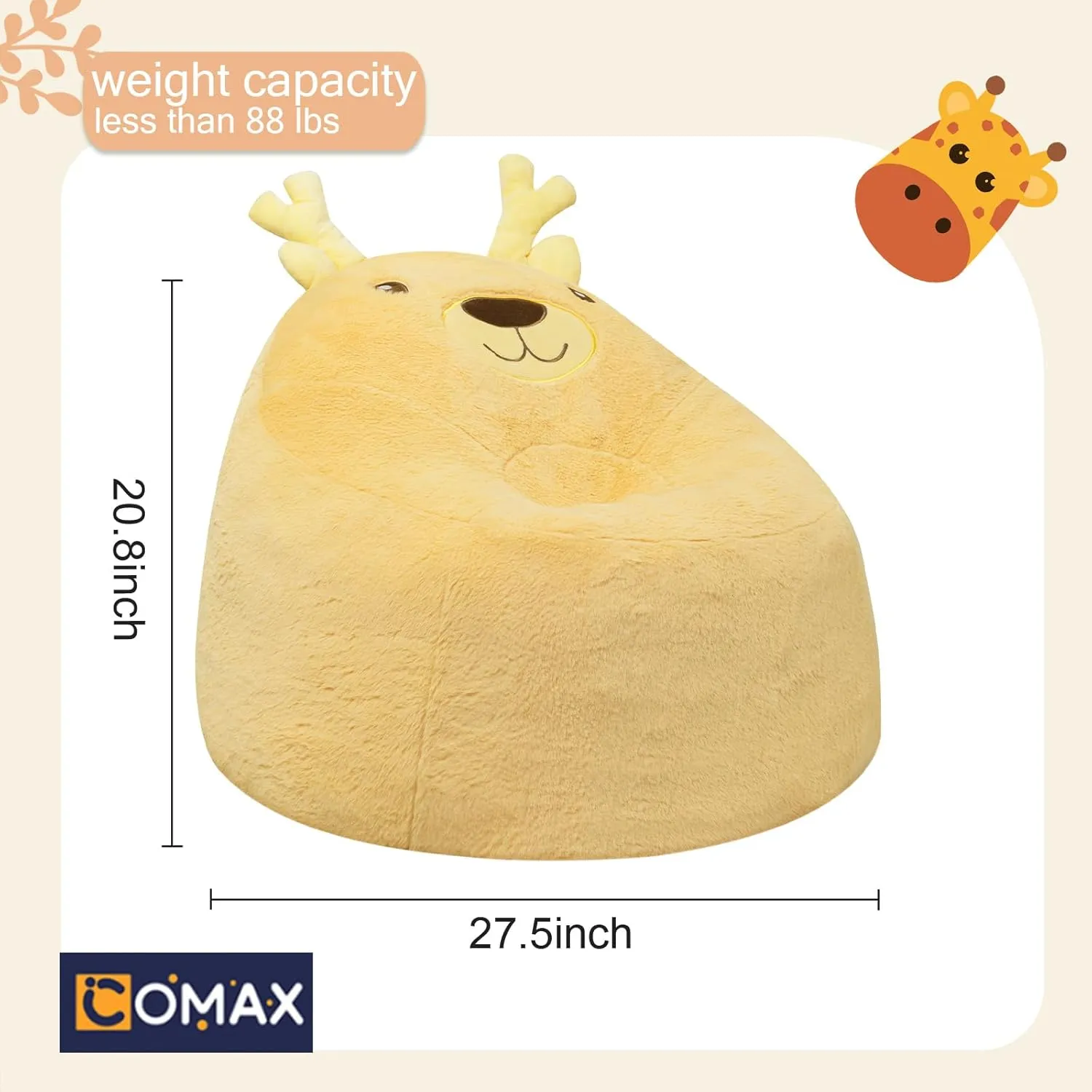 COMAX Bean Bag Chairs for Kids, Toddler BeanBag Sofa with Filler Bean Couch Stuffed for Boys and Girls, Lazy Floor Chair for Playroom, Nursery Room, Deer