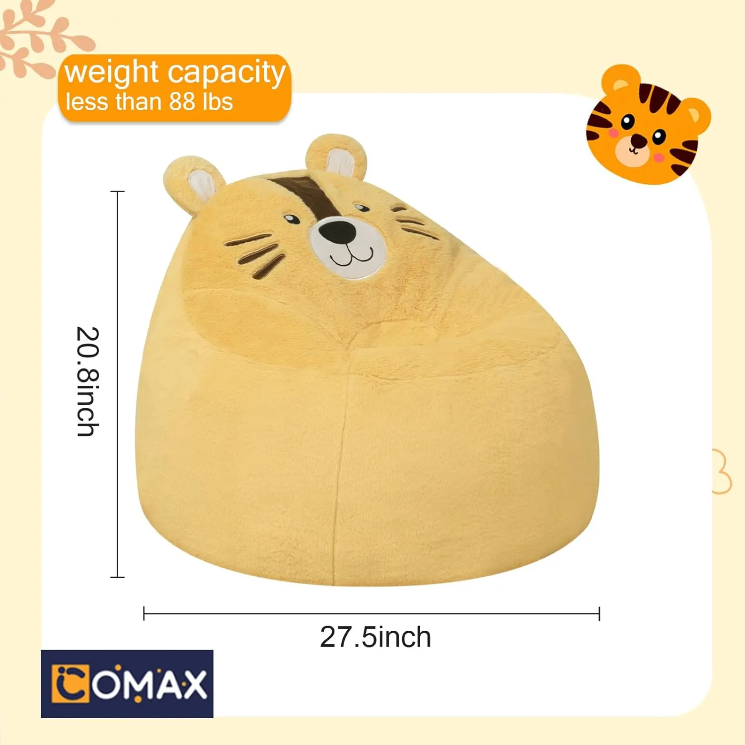 COMAX Bean Bag Chairs for Kids, Toddler BeanBag Sofa with Filler Bean Couch Stuffed for Boys and Girls, Lazy Floor Chair for Playroom, Nursery Room, Tiger