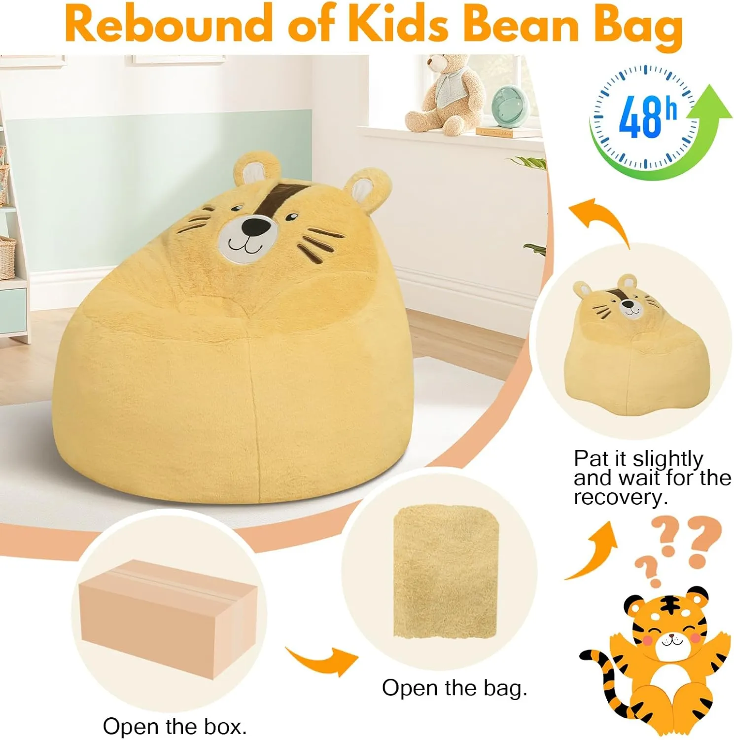 COMAX Bean Bag Chairs for Kids, Toddler BeanBag Sofa with Filler Bean Couch Stuffed for Boys and Girls, Lazy Floor Chair for Playroom, Nursery Room, Tiger