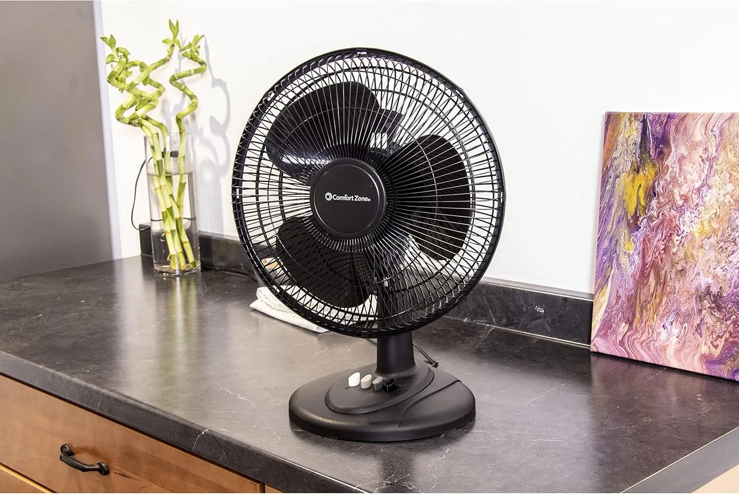 Comfort Zone Oscillating Table Fan with Adjustable Tilt, Convenient Push Button Controls, Quiet, 12 inch, 3 Speed, Desk Fan, Airflow 7.25 ft/sec, Ideal for Home, Bedroom, Dorm & Office, CZ121BK