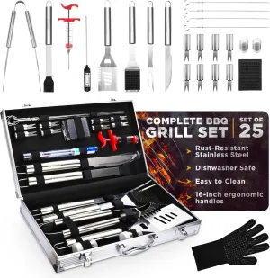 Commercial Chef 25 PC BBQ Grill Accessory Set - Outdoor Grill Accessories - Grilling Gifts for Men - Heavy-Duty Stainless Steel BBQ Tools, Rust-Resistant, Easy to Clean, Dishwasher Safe