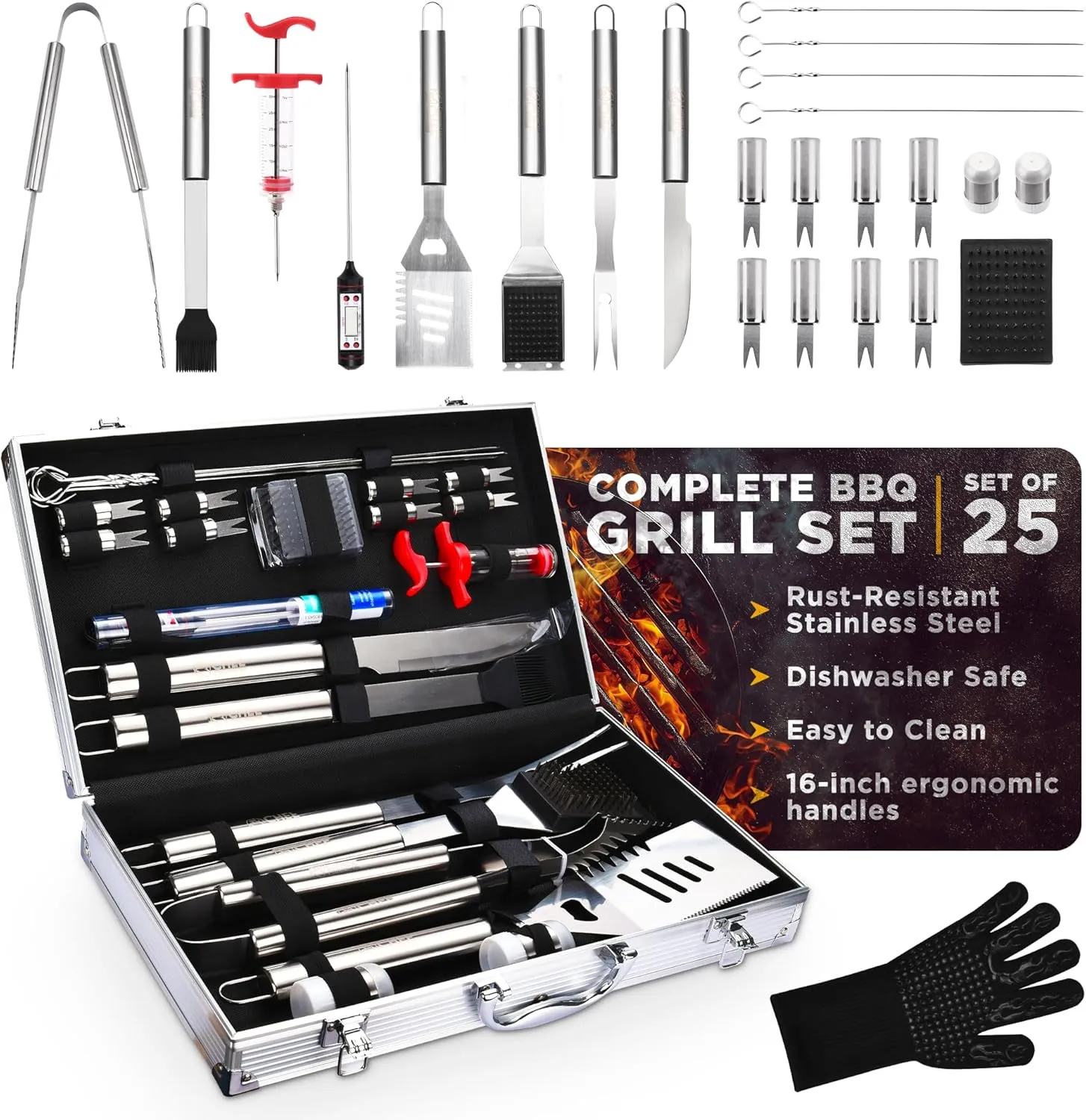 Commercial Chef 25 PC BBQ Grill Accessory Set - Outdoor Grill Accessories - Grilling Gifts for Men - Heavy-Duty Stainless Steel BBQ Tools, Rust-Resistant, Easy to Clean, Dishwasher Safe