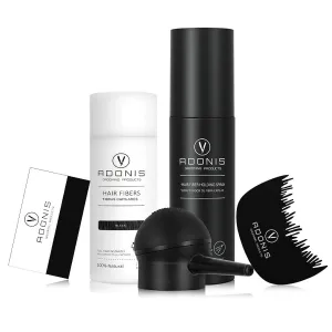 COMPLETE SET 5-in-1 ADONIS Hair Fiber Kit - All Natural Keratin Hair Fibers (Black), Hair Fiber Holding Spray, Hairline Spray, Hair Fiber Spray, Hair Fiber Applicator, Hair Fibers For Thinning Hair.