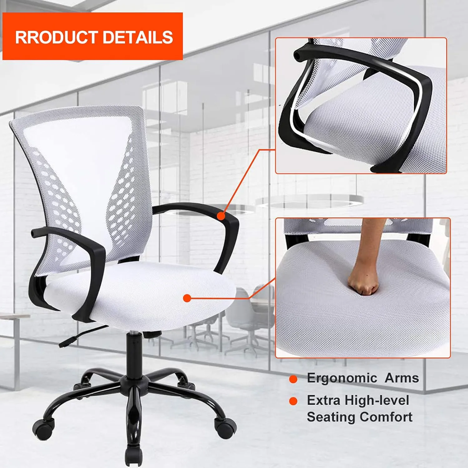 Conference Room Chairs Home Office Chair Ergonomic Desk Mesh Computer with Lumbar Support Armrest Mid Back Rolling Swivel Adjustable Task Cute Chair, White, 19.3x17.7x41.1Inches, MC-GF411-White