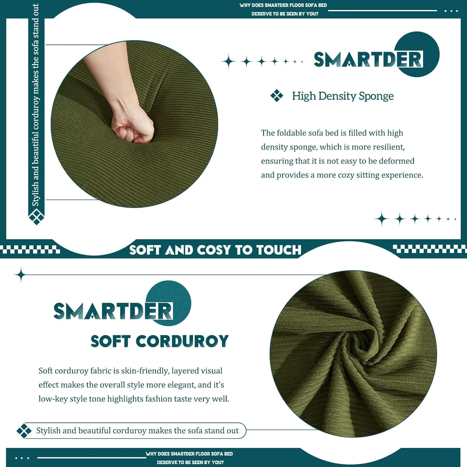 Convertible Folding Sofa Bed, Modular Floor Sofa with Removable Backrest, 3-Seater Fold Out Couch Bed with Pillows, King Size Futon Lazy Couch Corduroy Sleeper for Living Room, Dorm, Green