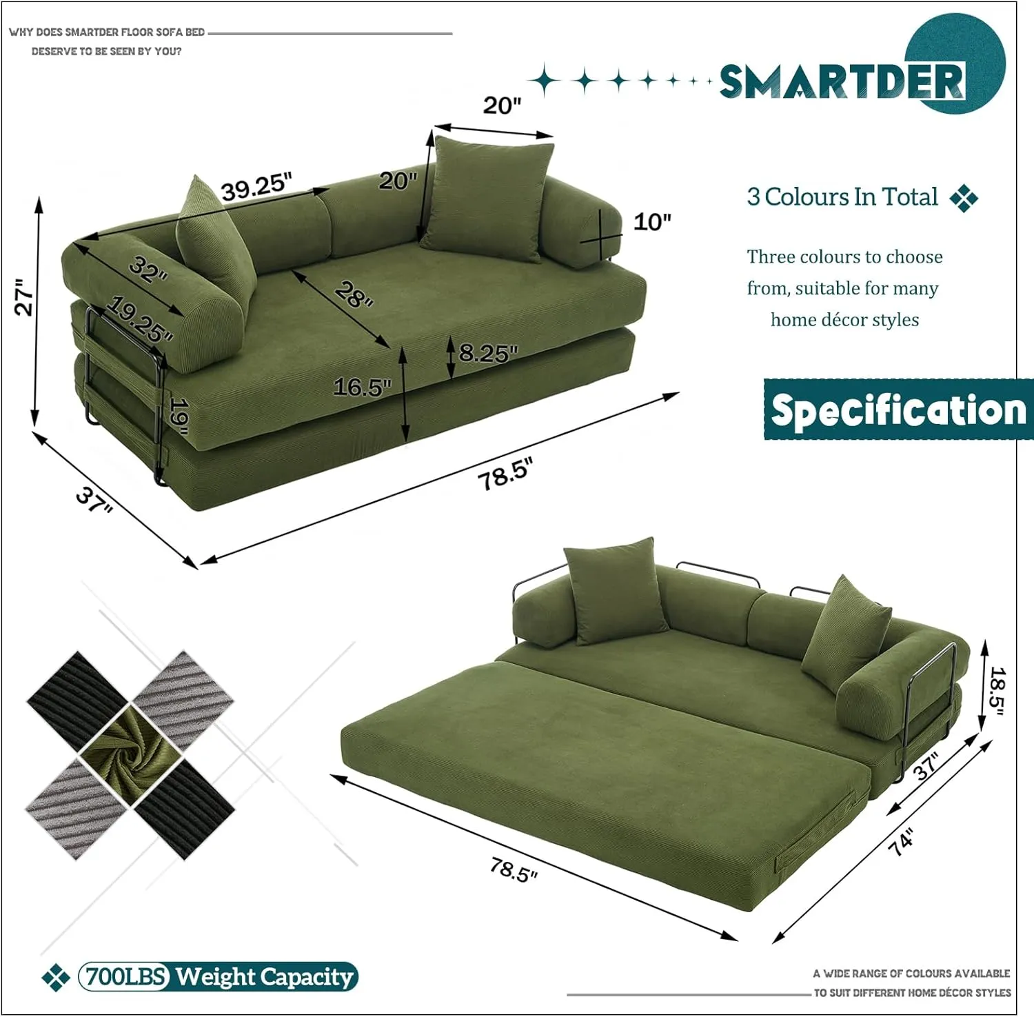 Convertible Folding Sofa Bed, Modular Floor Sofa with Removable Backrest, 3-Seater Fold Out Couch Bed with Pillows, King Size Futon Lazy Couch Corduroy Sleeper for Living Room, Dorm, Green