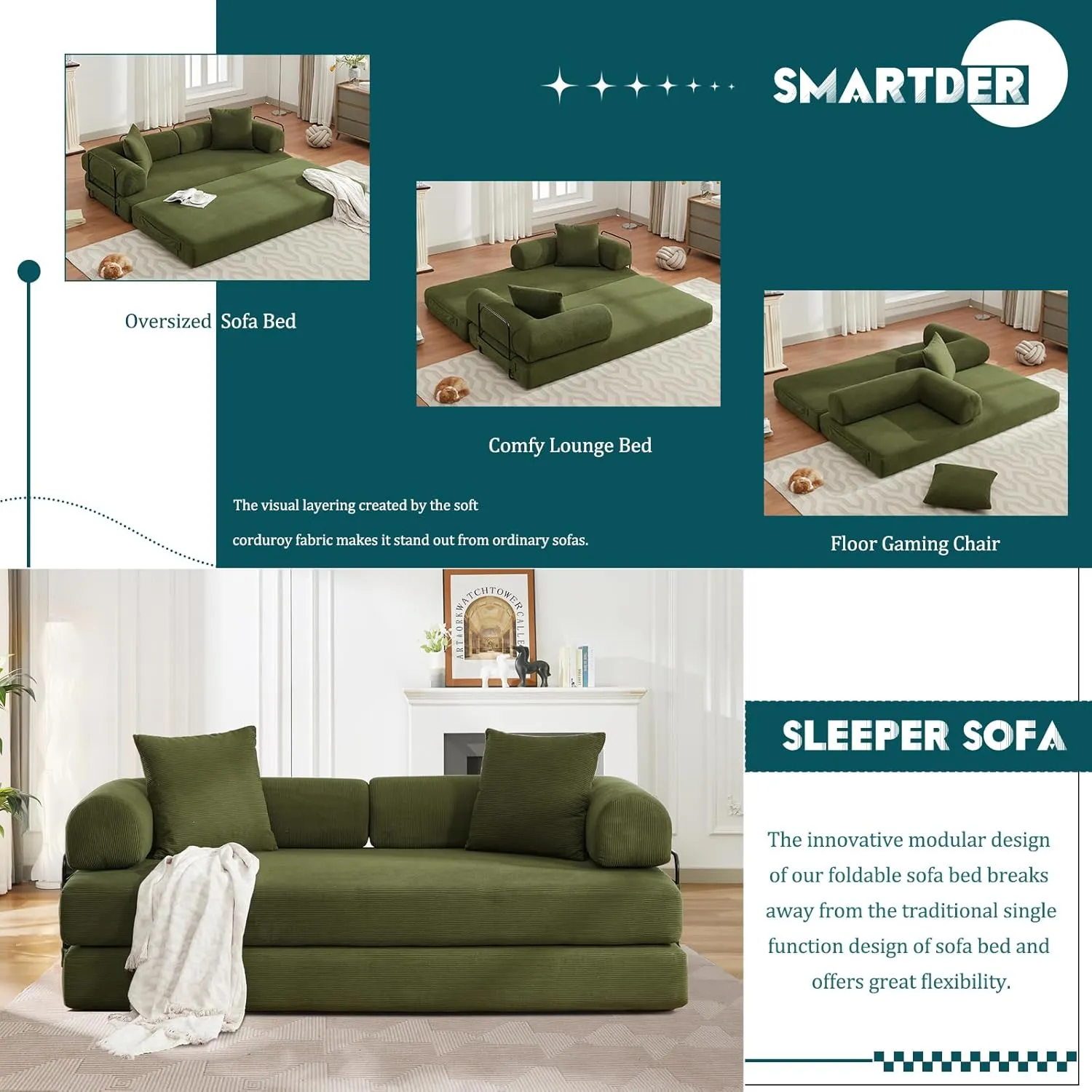 Convertible Folding Sofa Bed, Modular Floor Sofa with Removable Backrest, 3-Seater Fold Out Couch Bed with Pillows, King Size Futon Lazy Couch Corduroy Sleeper for Living Room, Dorm, Green