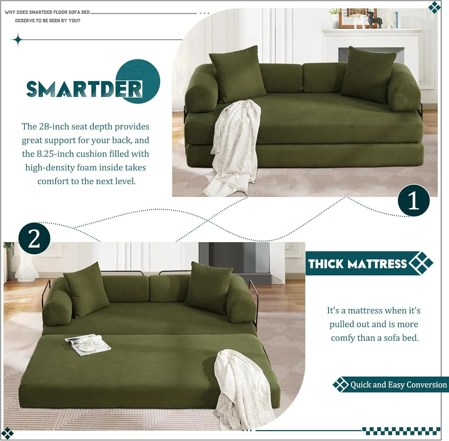 Convertible Folding Sofa Bed, Modular Floor Sofa with Removable Backrest, 3-Seater Fold Out Couch Bed with Pillows, King Size Futon Lazy Couch Corduroy Sleeper for Living Room, Dorm, Green