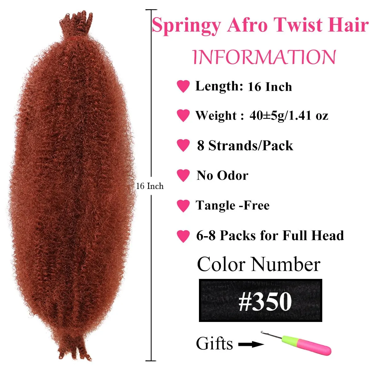 COOKOO 16 Inch Springy Afro Twist Hair 8 packs Copper Red Pre-Fluffed Spring Twist Hair Pre-Separated Marley Twist Braiding Hair For Distressed Soft Locs Hair Synthetic Hair Extensions(16 Inch,350#)