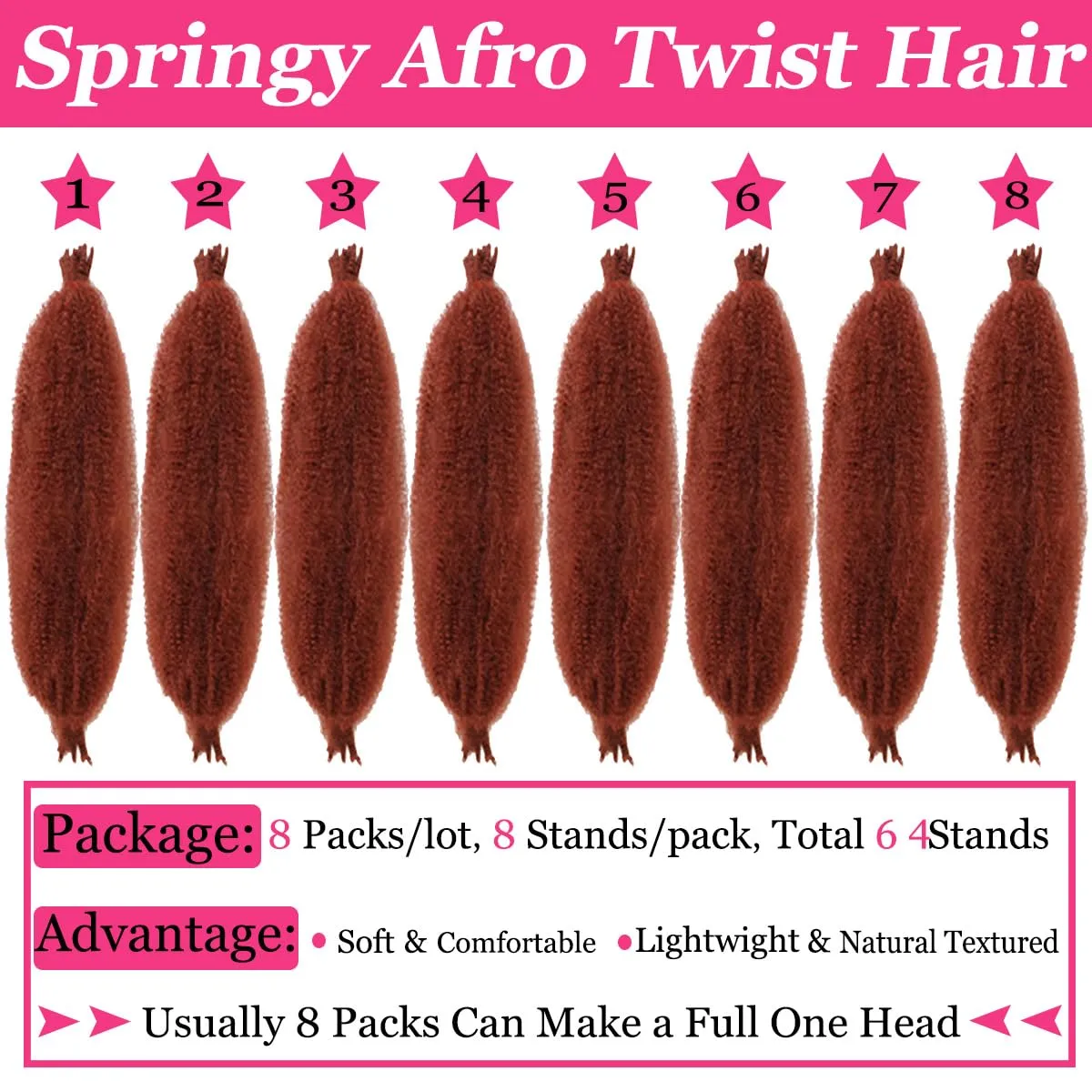COOKOO 16 Inch Springy Afro Twist Hair 8 packs Copper Red Pre-Fluffed Spring Twist Hair Pre-Separated Marley Twist Braiding Hair For Distressed Soft Locs Hair Synthetic Hair Extensions(16 Inch,350#)