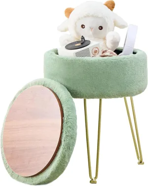 Cplxroc Ottomans Round Faux Fur Ottoman with Storage Footstools Vanity Chair Coffee Table Ottoman for Living Room (Three Legs-Green)