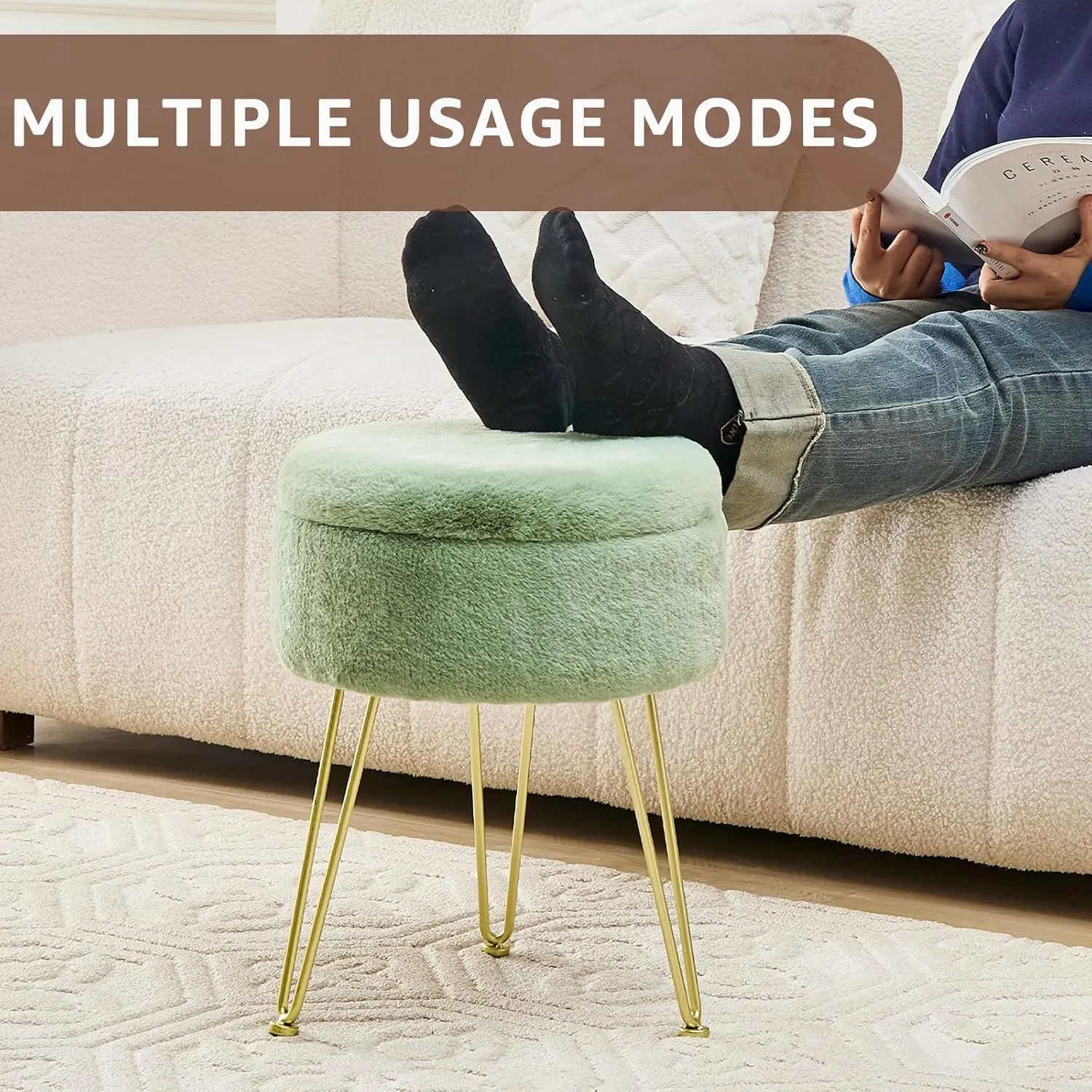 Cplxroc Ottomans Round Faux Fur Ottoman with Storage Footstools Vanity Chair Coffee Table Ottoman for Living Room (Three Legs-Green)