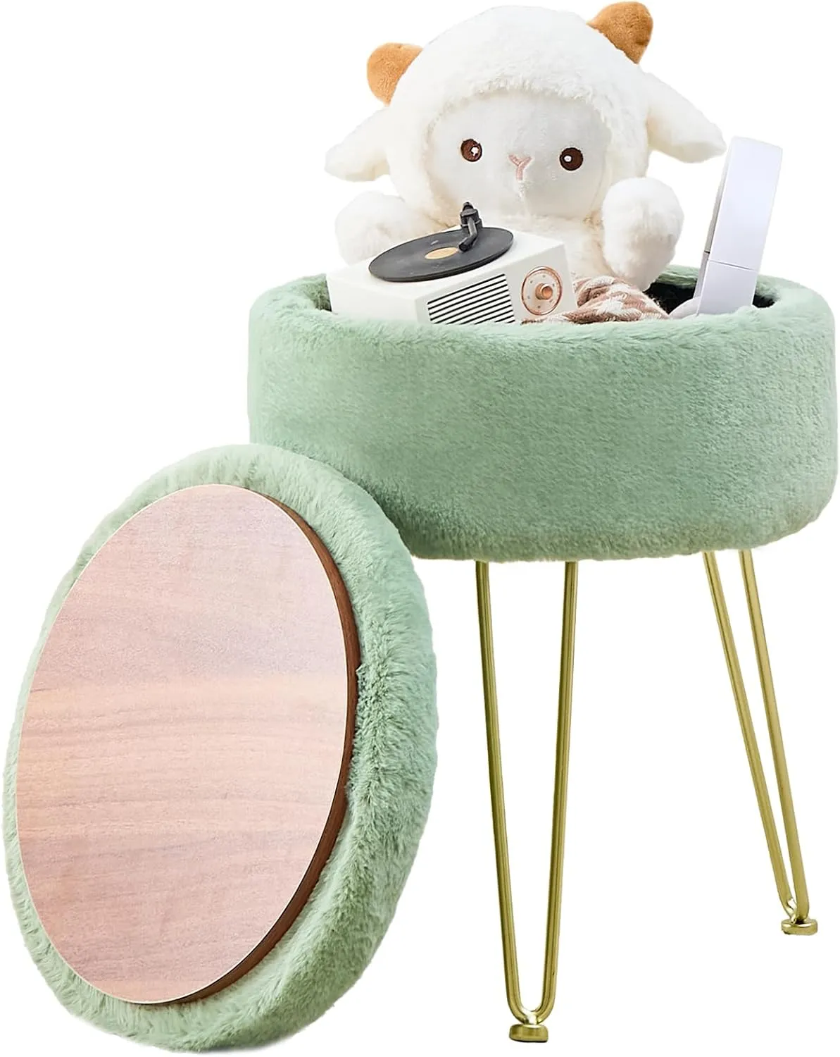 Cplxroc Ottomans Round Faux Fur Ottoman with Storage Footstools Vanity Chair Coffee Table Ottoman for Living Room (Three Legs-Green)
