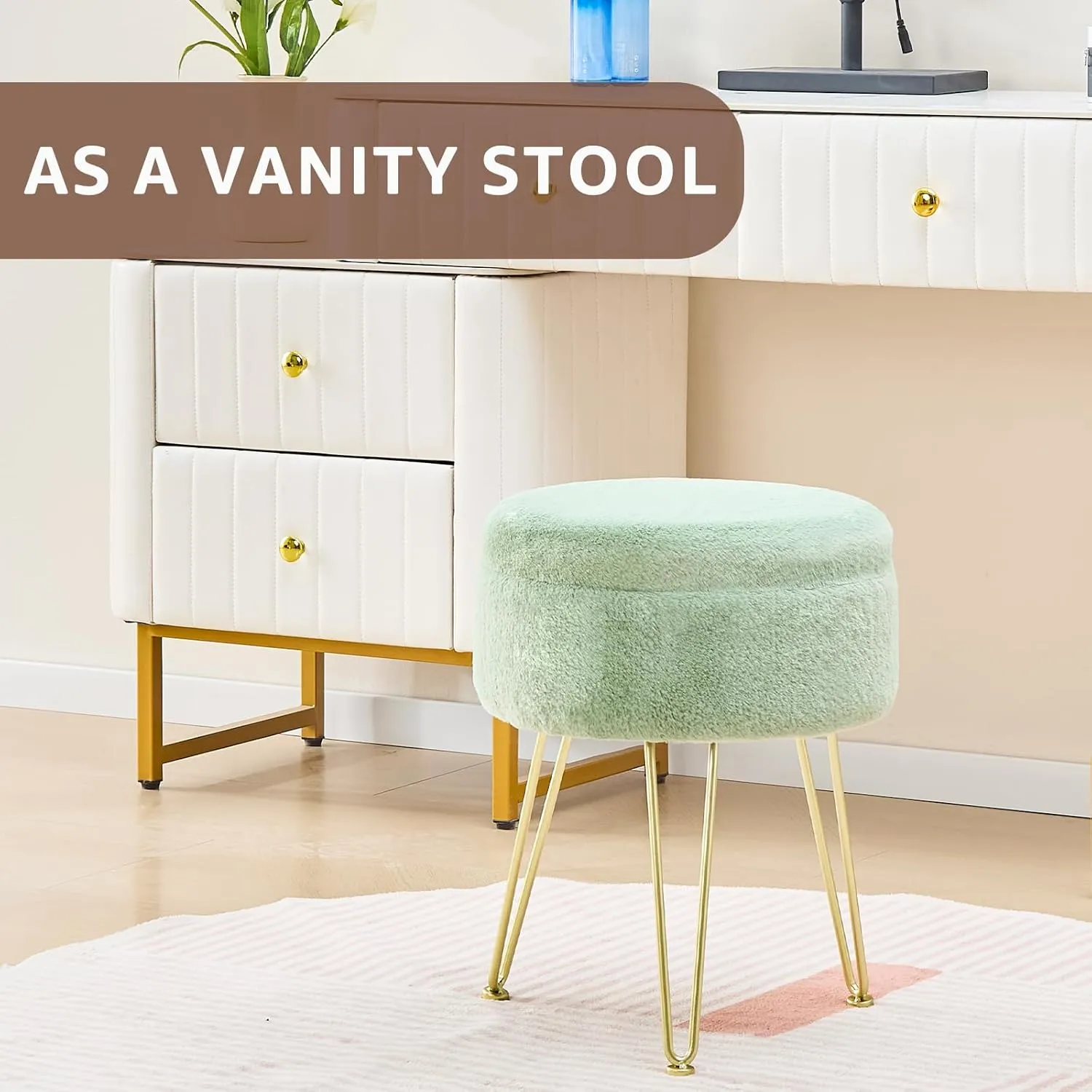 Cplxroc Ottomans Round Faux Fur Ottoman with Storage Footstools Vanity Chair Coffee Table Ottoman for Living Room (Three Legs-Green)