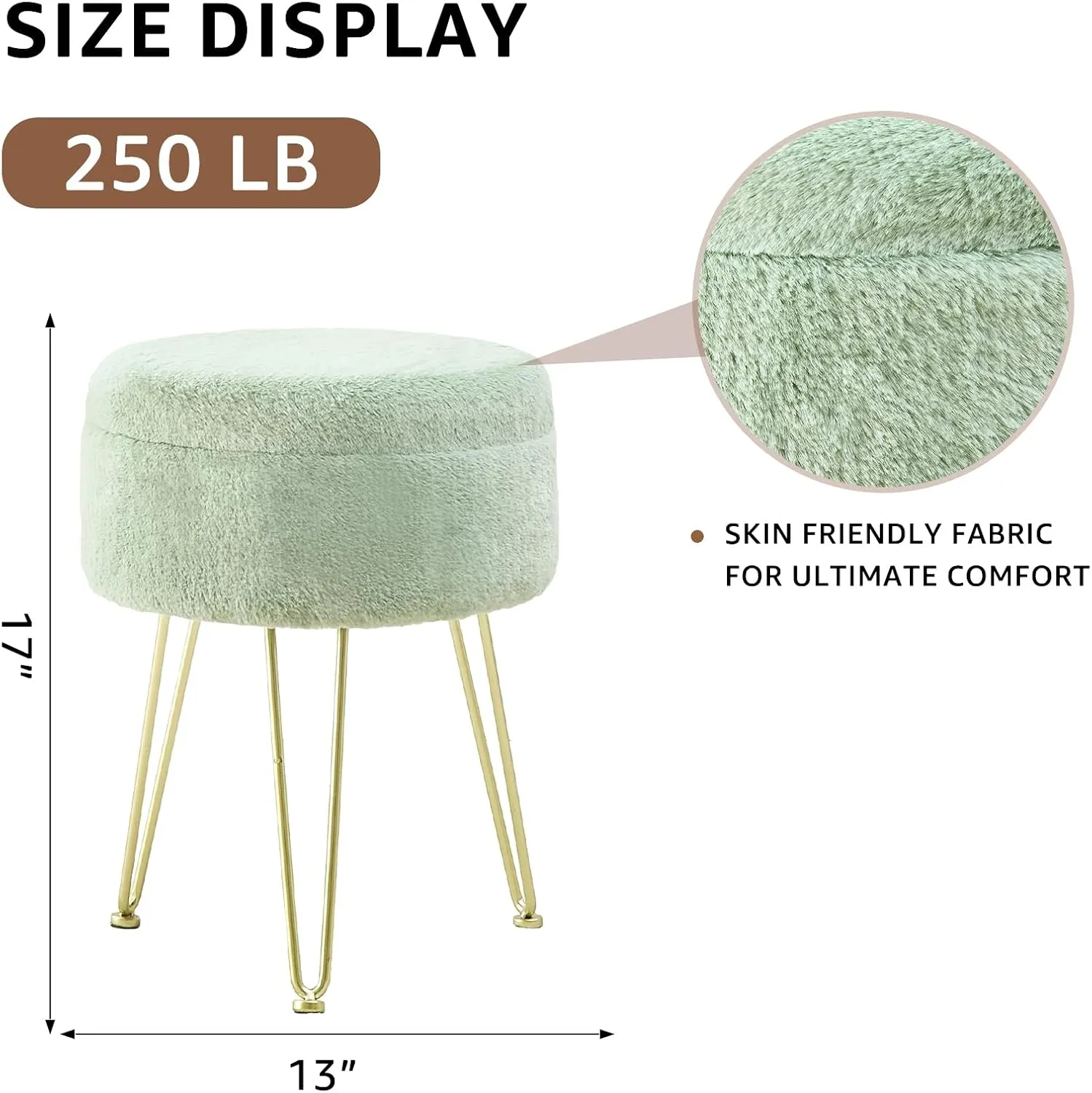 Cplxroc Ottomans Round Faux Fur Ottoman with Storage Footstools Vanity Chair Coffee Table Ottoman for Living Room (Three Legs-Green)