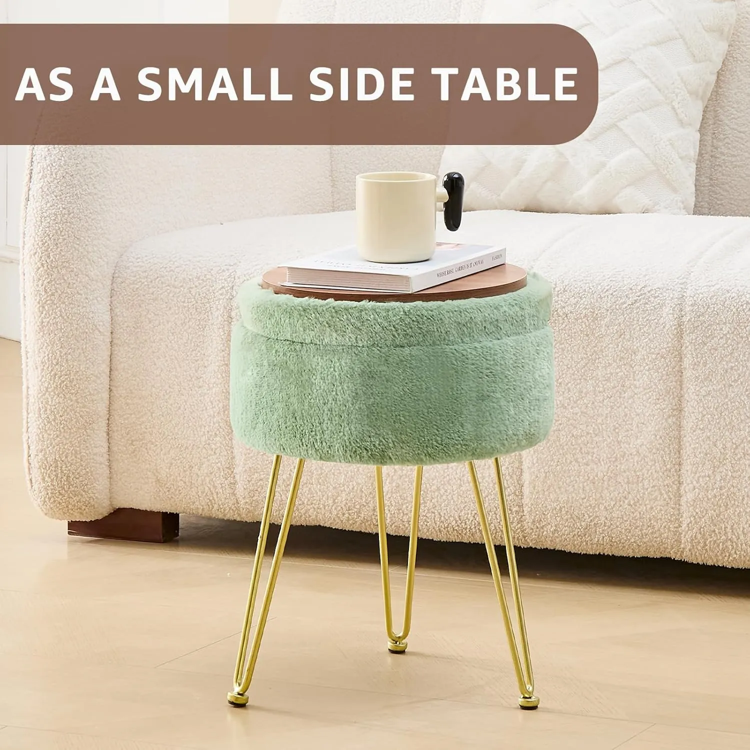Cplxroc Ottomans Round Faux Fur Ottoman with Storage Footstools Vanity Chair Coffee Table Ottoman for Living Room (Three Legs-Green)