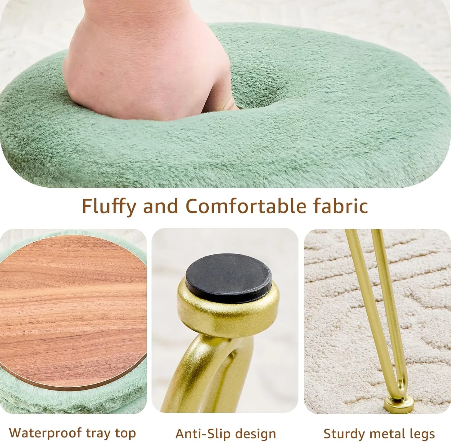 Cplxroc Ottomans Round Faux Fur Ottoman with Storage Footstools Vanity Chair Coffee Table Ottoman for Living Room (Three Legs-Green)