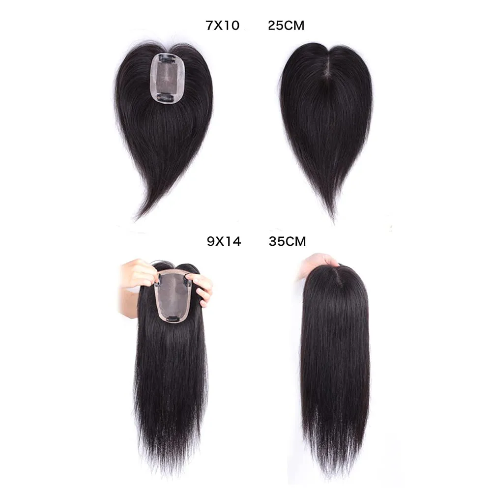 Crown Topper Clip in Full Hand Made Mono Base Human Hair Straight Middle Parting Cover White Hair Head Replacement Piece (7x10cm Jet Black)