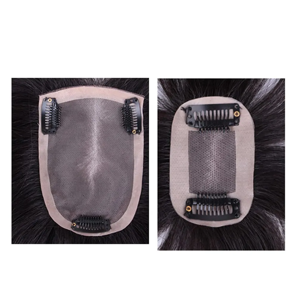 Crown Topper Clip in Full Hand Made Mono Base Human Hair Straight Middle Parting Cover White Hair Head Replacement Piece (7x10cm Jet Black)