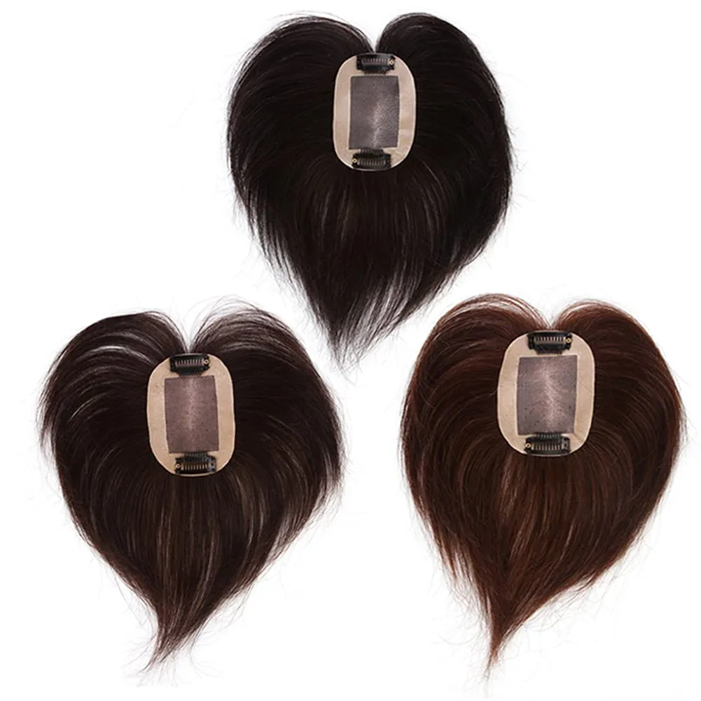 Crown Topper Clip in Full Hand Made Mono Base Human Hair Straight Middle Parting Cover White Hair Head Replacement Piece (7x10cm Jet Black)