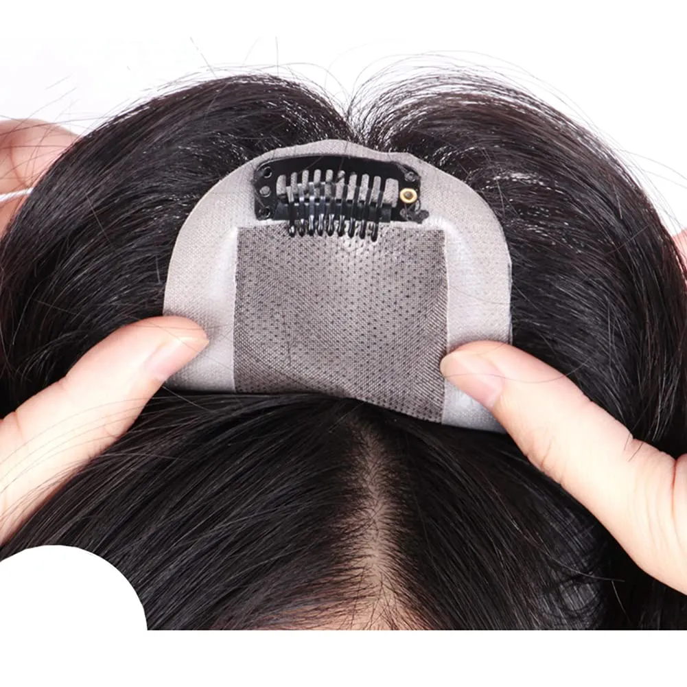 Crown Topper Clip in Full Hand Made Mono Base Human Hair Straight Middle Parting Cover White Hair Head Replacement Piece (7x10cm Jet Black)