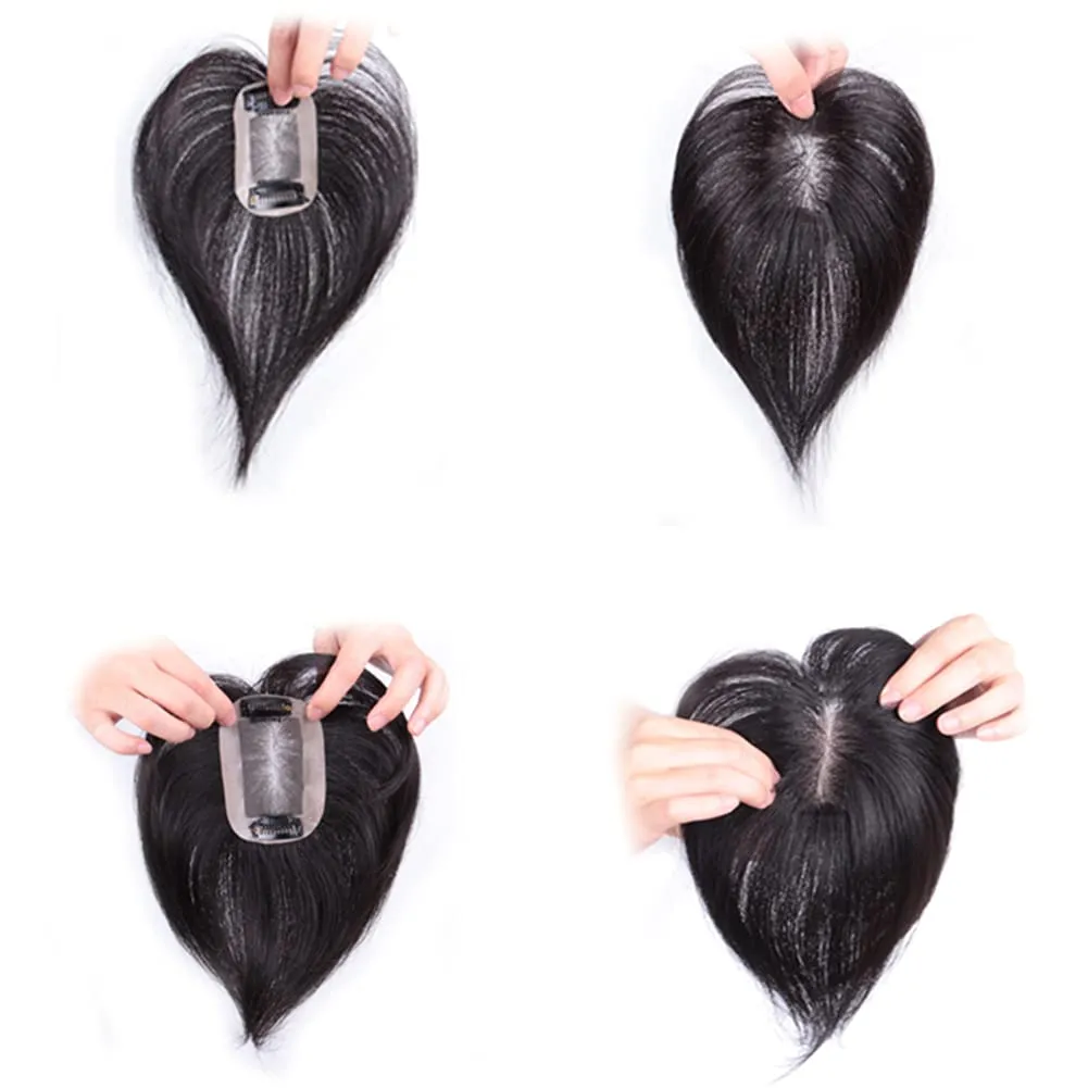 Crown Topper Clip in Full Hand Made Mono Base Human Hair Straight Middle Parting Cover White Hair Head Replacement Piece (7x10cm Jet Black)