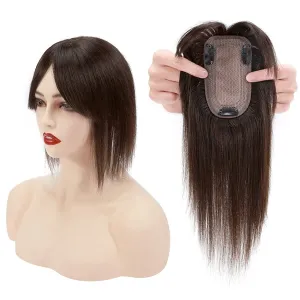 Crown Topper Clip in Full Hand Made Mono Base Human Hair Straight Middle Parting Cover White Hair Head Replacement Piece (7x10cm Wine Red)
