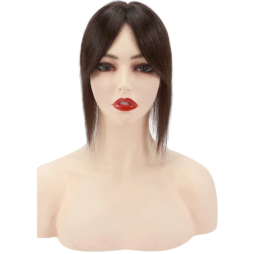 Crown Topper Clip in Full Hand Made Mono Base Human Hair Straight Middle Parting Cover White Hair Head Replacement Piece (7x10cm Wine Red)