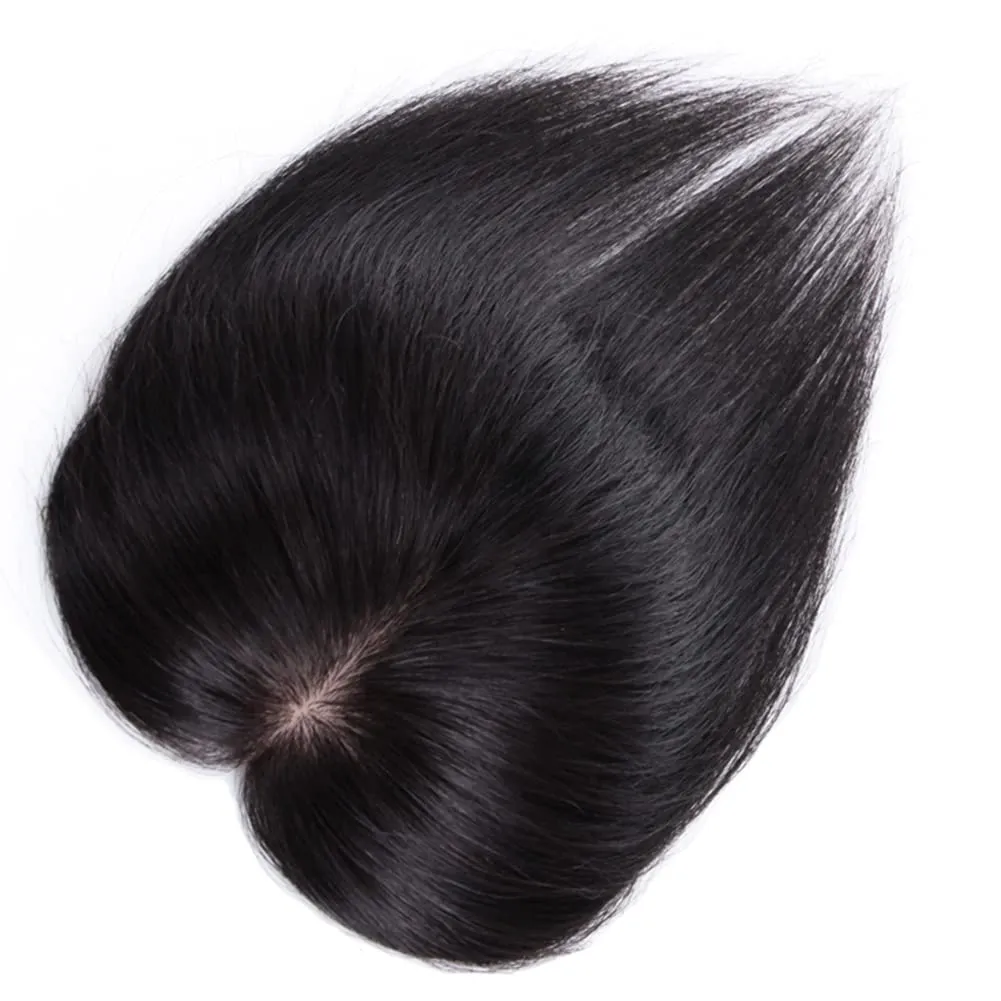 Crown Topper Clip in Full Hand Made Mono Base Human Hair Straight Middle Parting Cover White Hair Head Replacement Piece (7x10cm Wine Red)