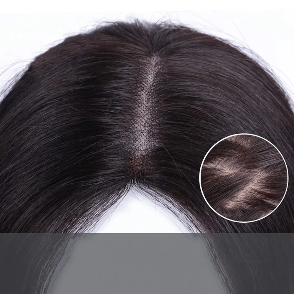 Crown Topper Clip in Full Hand Made Mono Base Human Hair Straight Middle Parting Cover White Hair Head Replacement Piece (7x10cm Wine Red)